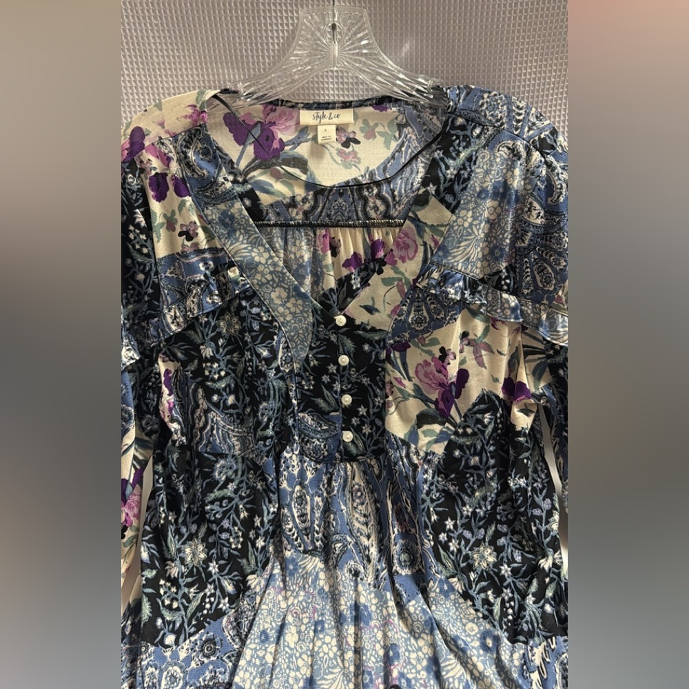 Style & Co. Printed Prairie Top BOHO Paisley Floral Ruffle Pleated Button Sz L - Picture 6 of 12